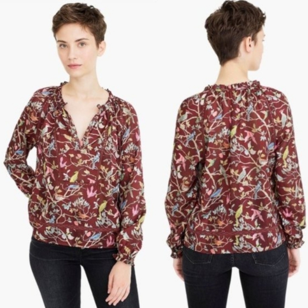 ❤ J CREW POINT SUR RUFFLE NECK TOP / BLOUSE IN MENAGERIE PRINT, XXS